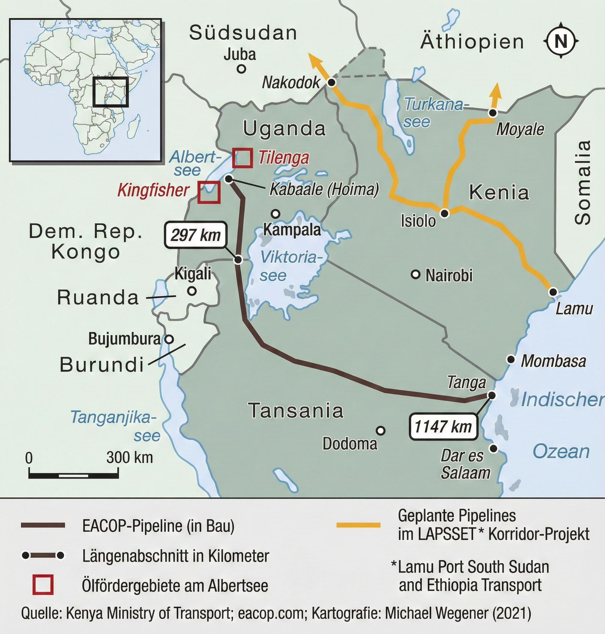 Thematische Karte von Ostafrika im Dark Mode, die den Verlauf der EACOP-Pipeline von den Ölfördergebieten am Albertsee in Uganda bis zum Hafen Tanga in Tansania sowie geplante Pipelines des LAPSSET-Korridor-Projekts in Kenia, Äthiopien und dem Südsudan zeigt.